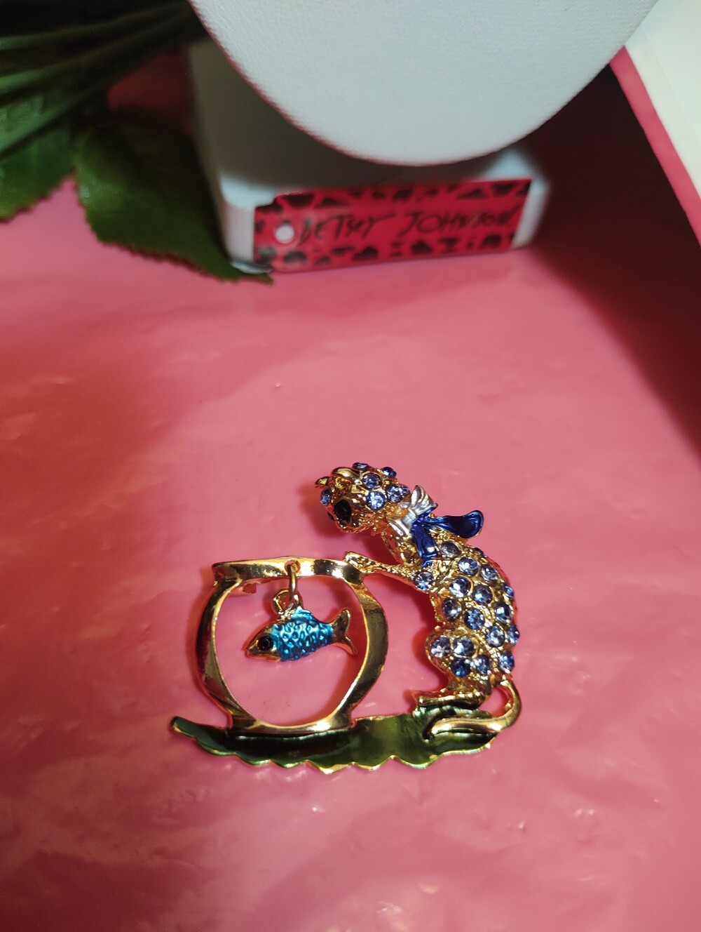 Fashion Jewelry Kitty Cat Brooch with Blue Crystals and Fish Charm & Fishbowl